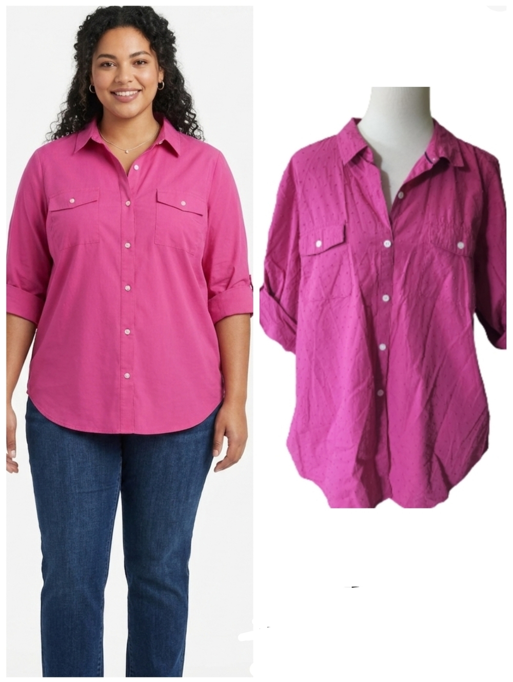 Croft & Barrow fuschia pink button down roll tab sleeve blouse plus size XXL